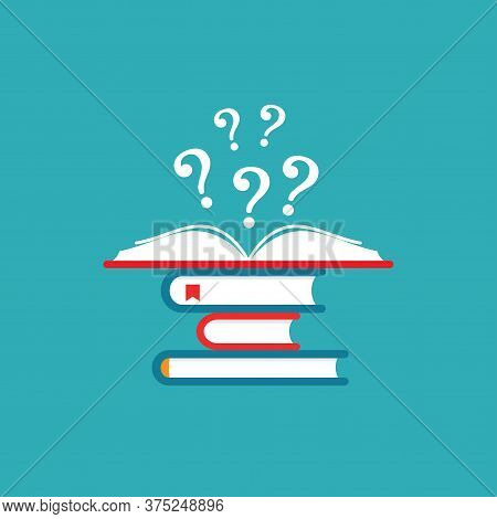 Stack Of Books And Open Book With Red Book Cover And White Question Marks Flying Out.