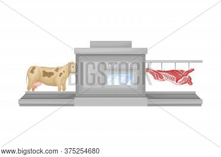 Metal Conveyor For Skinning Cow In Slaughterhouse Vector Illustration