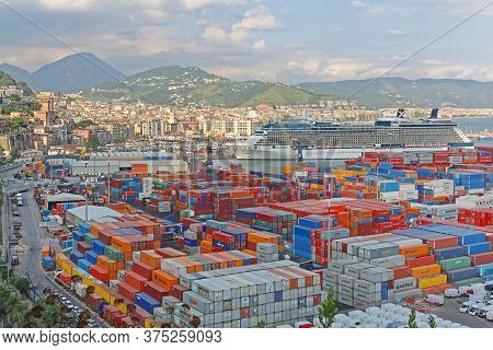 Salerno, Italy - June 27, 2014: Aerial View Of Shipping Containers At Cargo Terminal Port In Salerno