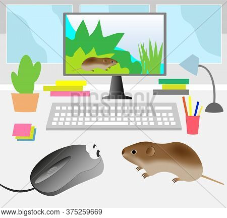 Vector Illustration Of A Computer Table With A Computer And Mice