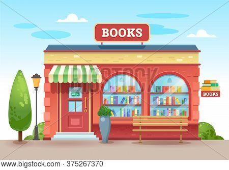 The Building Of The Bookstore. Book In A Shop Window On Shelves. Street Shop. Vector Illustration, F