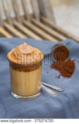 Trendy Dalgona Coffee - Corean, Indian Phenti Hui Drink. Iced Frothy Whipped Ultra Fluffy Texture. V