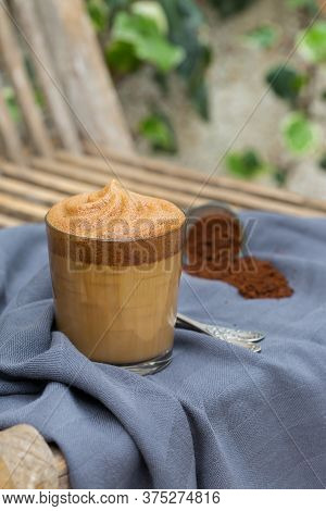 Trendy Dalgona Coffee - Corean, Indian Phenti Hui Drink. Iced Frothy Whipped Ultra Fluffy Texture. V