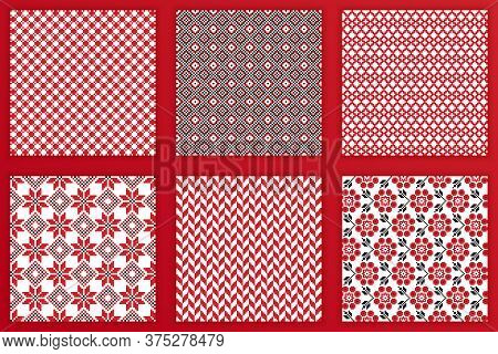Slavic Geometric Seamless Patterns Set. Vector Illustration Of Tileable Slavic Embroidery Background