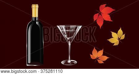 Bottle Of Wine, Glass, Beautiful Autumn Maple Leaves - Vector. Holidays. Gift Idea. Banner
