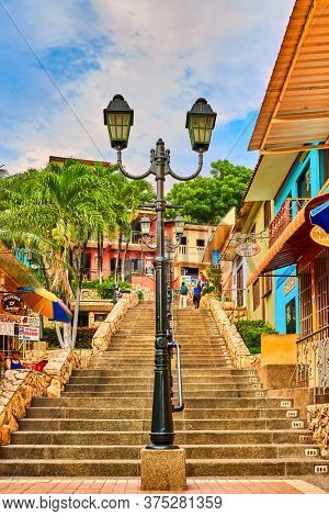 Guayaquil , Ecuador- March 7 , 2020 : colorful pedestrian street of Las Penas on santa Anna hill district landmark of Guayaquil Ecuador in south america