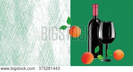 Bottle Of Wine, Glass, Apricots - Abstract Background - Vector. Holidays. Gift Idea. Banner