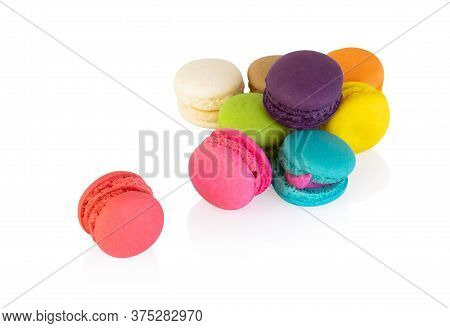 Colorful Magaroons Isolated On White Background, Sweet And Dessert Concept