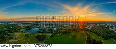Munich, Bavaria. Impressive Sunrise Over The Popular Olympic Park With Its Tower And Stadium In The 