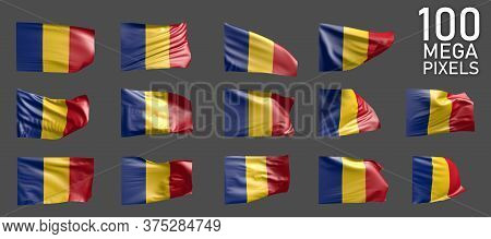 14 Different Pictures Of Romania Flag Isolated On Grey Background - 3d Illustration Of Object
