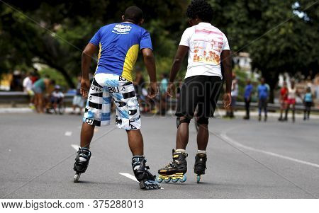 Salvador, Bahia / Brazil - February 21, 2016: People Seen Rollerblading And Practicing Physical Acti