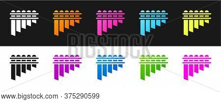 Set Pan Flute Icon Isolated On Black And White Background. Traditional Peruvian Musical Instrument. 