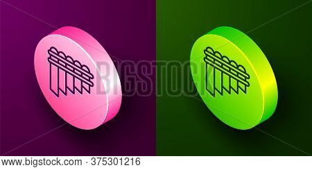 Isometric Line Pan Flute Icon Isolated On Purple And Green Background. Traditional Peruvian Musical 