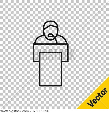 Black Line Gives Lecture Icon Isolated On Transparent Background. Stand Near Podium. Speak Into Micr