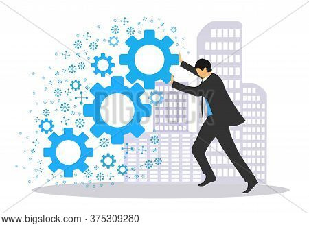 A Male Businessman Pushes Business Progress In Front Of