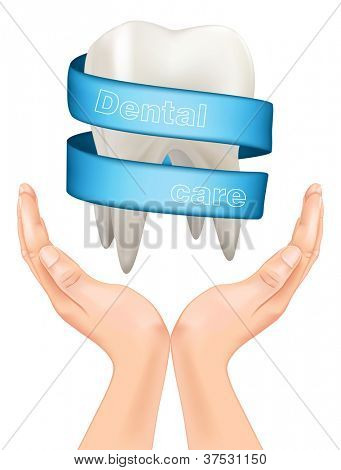 white tooth with a blue ribbon in hand. vector
