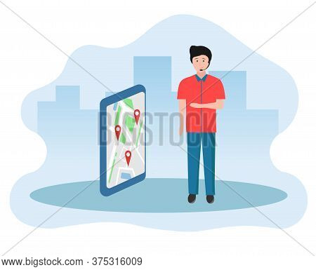 Vector Illustration Of A Young Man With A Headset Standing Next To A Phone