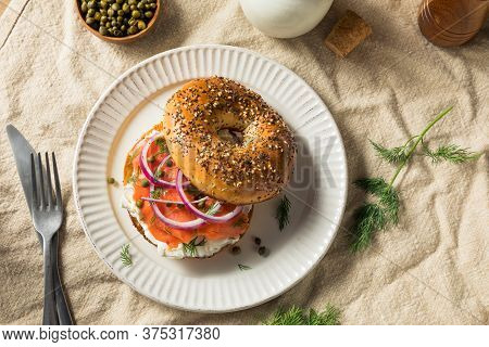 Homemade Bagel And Salmon Lox With Cream Cheese And Dill