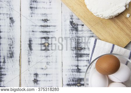 Dairy Products On Wooden Background, Top View