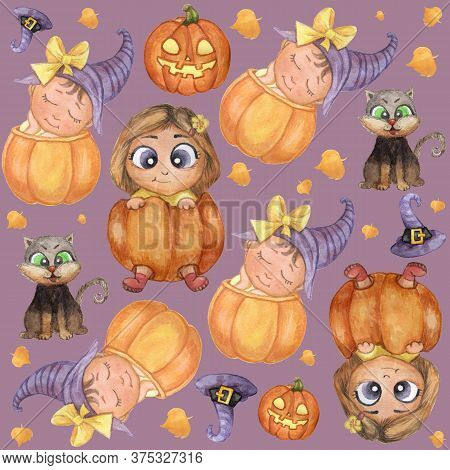Halloween Holiday. Seamless Pattern. Cute Illustrations - Cute Kids In An Orange Pumpkin, A Hurrying