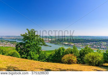 Aerial Panoramic View Of River Rhine Gorge Or Upper Middle Rhine Valley Winemaking Region With Viney