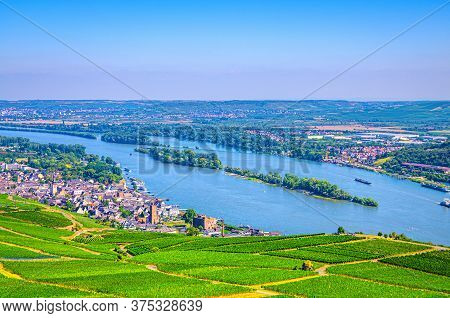 Aerial Panoramic View Of River Rhine Gorge Or Upper Middle Rhine Valley Winemaking Region With Viney