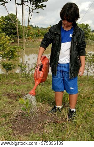 Eunpolis, Bahia Brazil - June 19, 2009: Child Is Seen Using Watering Can To Water Plant In The City 