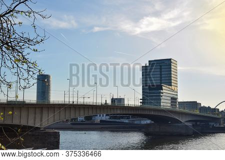 Dawn On The River Rhine, The Deutzer Brucke And The Lanxess Tower, The Headquarters Of Lanxess Ag. C