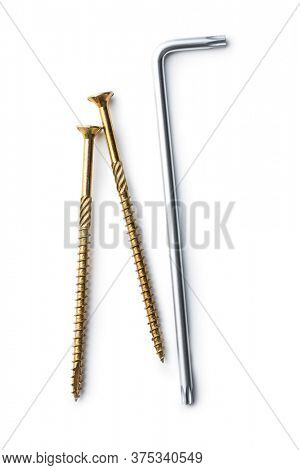 Torx screwdrivers and metal screws isolated on white background.