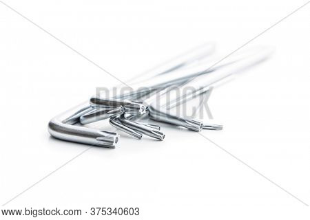 Metal torx screwdrivers isolated on white background.