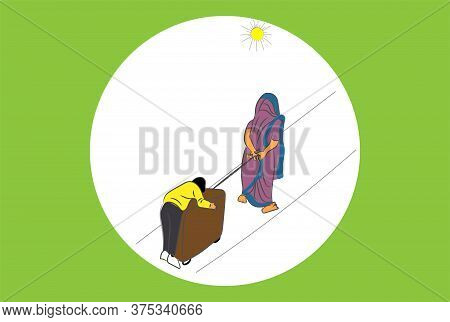 A Migrant Women Wheels Her Son Sleeping On Suitcase During Lockdown In India Vector Illustration