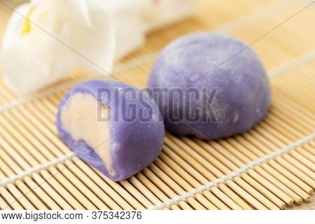 Purple Color Taro Or Yam Mochi Japanese Dessert