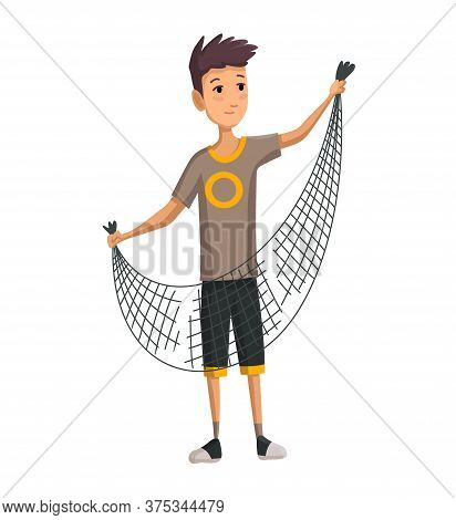 Young Man With Fish Net In His Hands. Boy Prepares A Fishing Net. Successful Fishing