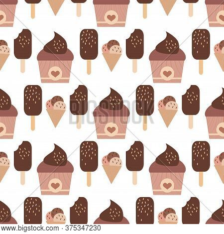 Seamless Pattern With  Ice Cream,  Waffle, Sweet Cupcakes, Pies And Tortes, Chocolate Ice Cream And 