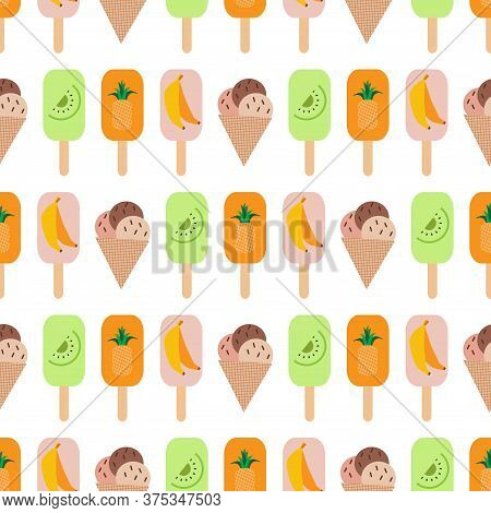 Seamless Pattern With  Ice Cream,  Waffle, Sweet Cupcakes, Pies And Tortes, Chocolate Ice Cream And 