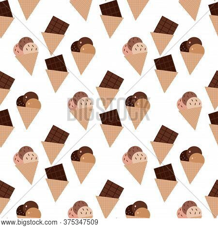 Seamless Pattern With  Ice Cream,  Waffle, Sweet Cupcakes, Pies And Tortes, Chocolate Ice Cream And 