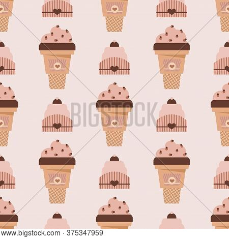 Seamless Pattern With  Ice Cream,  Waffle, Sweet Cupcakes, Pies And Tortes, Chocolate Ice Cream And 