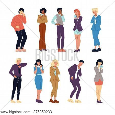 Sick People Character Suffering From Cold, Flu, Virus Symptoms Isolated Set. Man Woman Without Face 