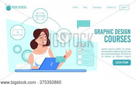 Graphic Design Courses. Online Art School Landing Page Template. Woman Student Future Designer Study