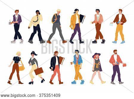 Diverse Multi-ethnic People Walking Isolated Set. Caucasian, Afro-american, European Young Man Woman