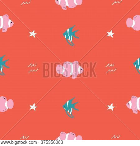Seamless Vector Repeat Pink Red And Green Ocean Animals Pattern. This Pattern Has Starfish, Cardinal