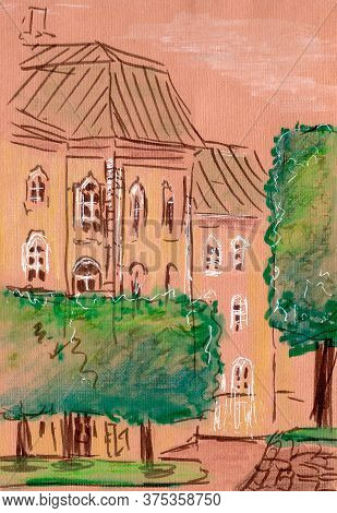 Imperial Palace And Shorn Linden Trees In Peterhof, Russia, Graphic Color Drawing On A Brown Backgro