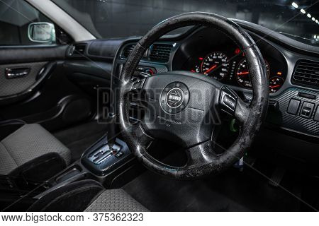 Novosibirsk/ Russia - July 07 2020: Subaru Legacy B4, Salon Of A New Stylish Car, Steering Wheel , D