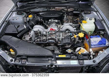 Novosibirsk/ Russia - July 07 2020: Subaru Legacy B4, Close Details Of A  Car Engine