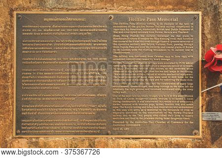 Kanchanaburi, Thailand - January 17, 2020 : Metal Plate Of Thai And Englsh For Hellfire Pass Memoria