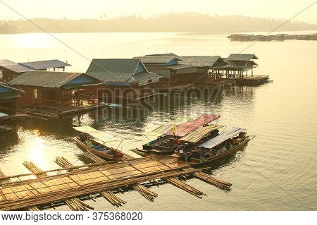 Kanchanaburi, Thailand - January 17, 2020 : Tourists In A Travel Boat At Sam Pra Sob In Sangkhla Bur