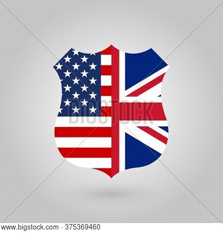 Us And Uk Flags Icon In The Shape Of A Police Badge.. American And British Friendship Symbol. Vector
