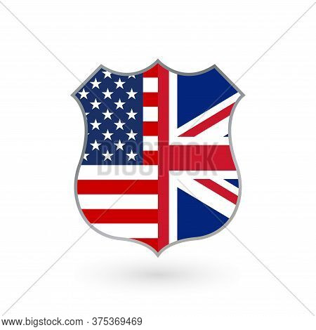 Us And Uk Flags Icon In The Shape Of A Police Badge.. American And British Friendship Symbol. Vector