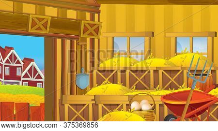 Cartoon Scene With Wooden Chicken Coop For Hen And Eggs - Bright Illustration