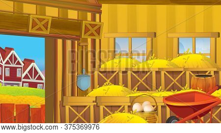 Cartoon Scene With Wooden Chicken Coop For Hen And Eggs - Bright Illustration